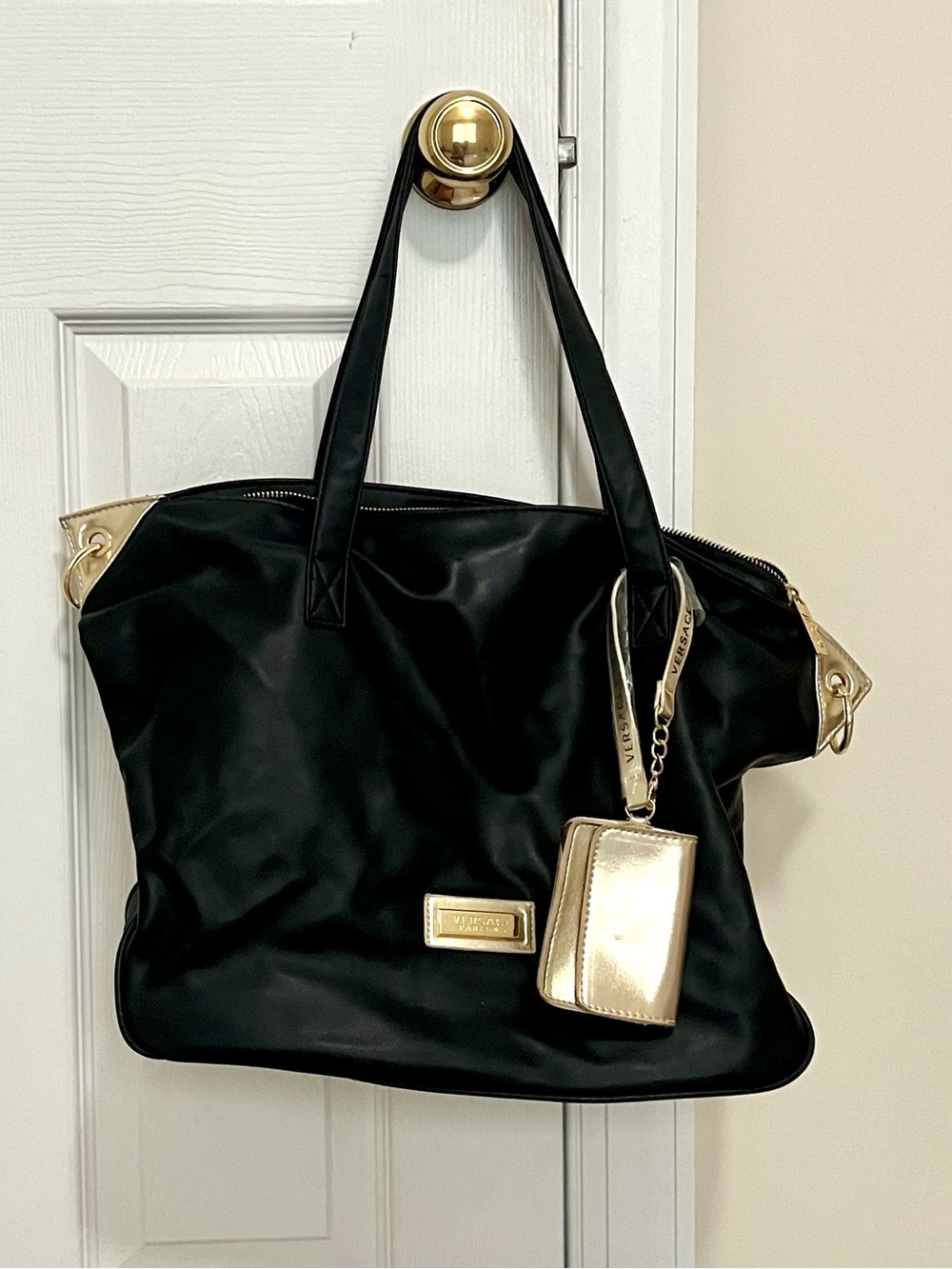 Versace Parfums Black Tote Bag with Gold-Tone Hardware w/Gold Pouch